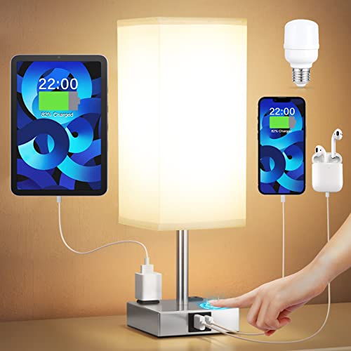 Touch Bedside Table Lamp for Bedroom - Dimmable, USB C+A, 2 AC Outlets | 3-Way Dimming, 3000K Bulb Included, Square Grey Lampshade and Silver Base, Desk Lamp for Nightstand, Living Room, Dorm - color: Gray & Silver, size: 14.0in