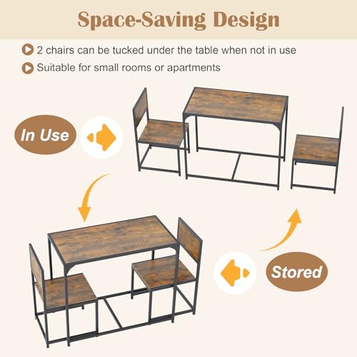 Giantex 3-Piece Dining Table Set for 2, Small Industrial Kitchen Table with 2 Chairs, Metal Frame, Space Saving Dinette Set for Breakfast Nook Dinner Small Space Apartment Living Room, Rustic Brown - color: Rustic Brown