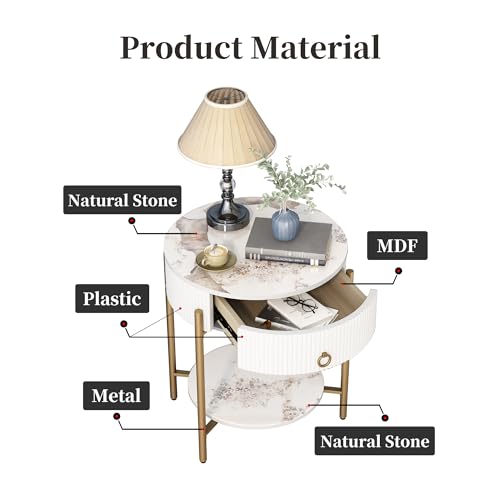 OIOG Round End Table, Nightstand with Storage, Marbling Natural Stone/Gold | Side Table with Storage Drawer, Shelf, Metal Legs, 2 Tier, Modern Design, For Living Room, Bedroom, Office,White and Gold - color: Gold