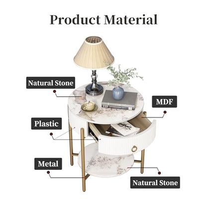 OIOG Round End Table, Nightstand with Storage, Marbling Natural Stone/Gold | Side Table with Storage Drawer, Shelf, Metal Legs, 2 Tier, Modern Design, For Living Room, Bedroom, Office,White and Gold - color: Gold