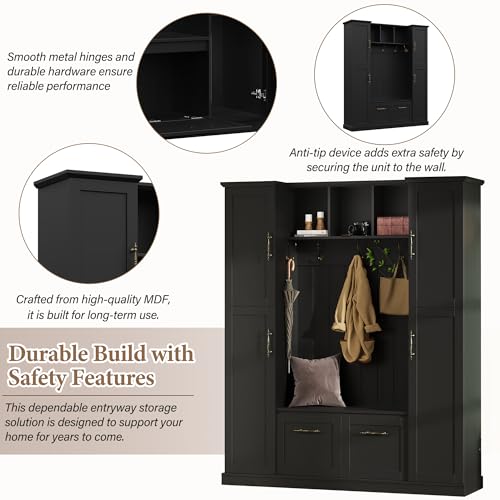 JIVOIT Farmhouse Hall Tree with 4 Side Cabinets, Adjustable Shelves & Open Cubbies, All-in-One Mudroom Furniture, Beadboard Entryway Bench with Coat Rack & 5 Hooks for Hallway (Black,152) - color: Black,152