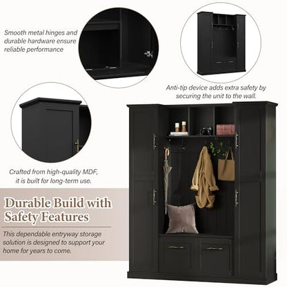 JIVOIT Farmhouse Hall Tree with 4 Side Cabinets, Adjustable Shelves & Open Cubbies, All-in-One Mudroom Furniture, Beadboard Entryway Bench with Coat Rack & 5 Hooks for Hallway (Black,152) - color: Black,152