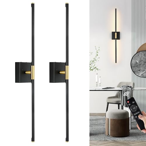 Morauroral Black Gold Battery Operated Wall Sconces Set of 2 with Remote | 3 Color Dimmable Rechargeable Wall Light, 24 Inch Wireless Sconces wall Decor with Timer Function for Living Room, Bedroom - color: Black Gold, size: 24 Inch (2 Pack)