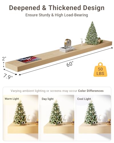 60 in Long White Oak Floating Shelf for Wall, 8"D Fireplace Mantel | 2"H Thick Wooden Shelf, Heavy Duty Bracket, Bathroom Bedroom Kitchen Living Room, Non-tilting, 50LBS Capacity - color: White Oak, size: 60 x 7.9 x 2 (1pc)