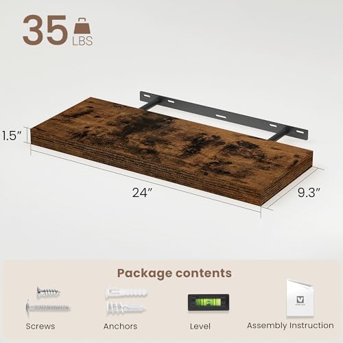 Vivelove Floating Shelves 9 inch Deep 24”Long Set of 2, Rustic Brown | Easy Install With Hardware, 1.5" Thick, Invisible Brackets, Wall Mounted, No Sagging, For Any Room - color: Rustic Brown, size: 24”wx9.3”dx1.5”h