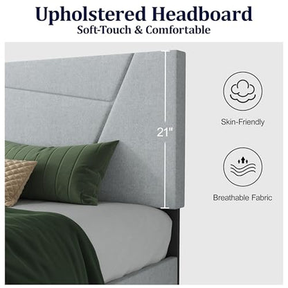 Twin Size Upholstered Bed Frame Frame with Headboard，Velvet Gray | Geometric Head Board Platform Bed, Sturdy Wooden Slats, Noiseless No Box Spring Required, Easy to Assemble - color: Light Gray, size: Twin