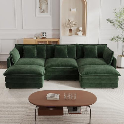 Modular Sectional Sofa, 111.5 Inch U Shaped Couch Set for Living Room, 3-Seater Comfy Cloud Couches with Movable Ottoman, DIY Combination, Chenille, Evergreen - color: Evergreen, size: 111.5 Inch- U