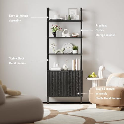 74" Tall Bookshelf with Storage Cabinet, Modern Ladder Shelf with Wood and Metal Frame, Wall Mount Bookcase Open Display Shelf Furniture for Living Room, Bedroom, Home Office，Black - color: Black
