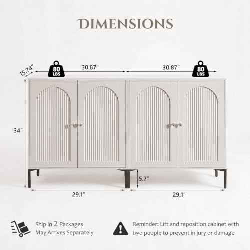 IFBUY 61.75" W Mid Century Modern TV Stands for Living Room, Cream | Wood Entertainment Center w/Adjustable Shelves, Media Console w/Arched Fluted Doors, Entryway Cabinet Fits 65, 70, 75 Inch TV - color: Cream, size: 15.75"D x 61.75"W x 34"H