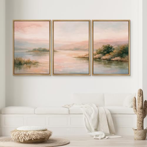 SIGNWIN Framed Wall Art Print Set Pink Dawn Lakeside Scenery Illustrations Modern Art Chic Multicolor for Living Room, Bedroom, Office - 16"x24"x3 Natural - color: A26-2601-LL10, size: 16"x24"x3 Panels Natural