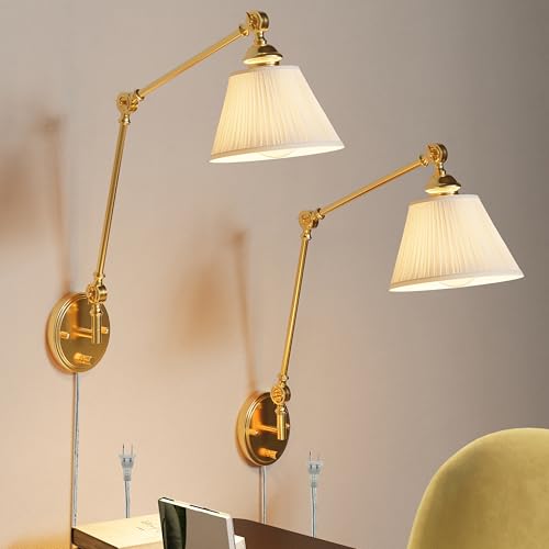 Plug in Wall Sconces Set of Two, Gold Swing Arm Wall Lamp with 6.6FT Plug-in Cord and Knob Switch, Fabric Hardwired Wall Lights for Bedroom, Reading, Study Room, Office, Living Room (2 Pack) - color: Gold-Pleated Fabric Shade, size: 2 Pack