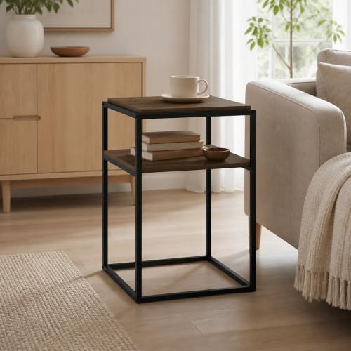 2-Tier Stackable Metal Frame End Table, Toolless Assembly Bedside Table, Night Stand with Open Shelf, Side Table, for Bedroom, Living Room, Columbia Walnut - color: Columbia Walnut