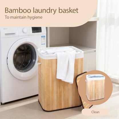 21 Gallon Bamboo Slim Trash Can with Lid,Slim Laundry Hamper,Removable and Machine Washable Liner,Foldable Slim Rectangular Laundry Basket for Laundry Room,Bedroom,Salon Spa