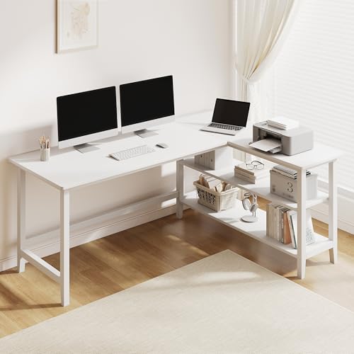 IOTXY 63" Reversible L-Shaped Office Desk with Storage Shelves, White | Solid Rubberwood Legs, 0.6" MDF Desktop, Reversible 2-tier Shelves, Extra Large Corner Computer Table for Multiple Monitors - color: White, size: 63-inch