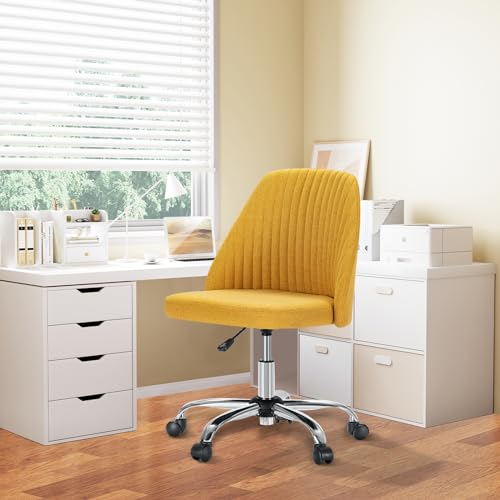 Armless Desk Chair with Comfortable Fabric Cover,Modern Home Office Chairs with Swivel Wheels for Computer Task Chairs Cute Vanity Chairs Adjustable Height for Living Room,Bed Room,Conference Office - color: Yellow