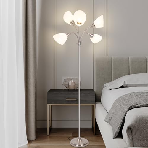 Floor Lamp, 5 Adjustable Neck Heads with Lampshades, Multi-Light Standing Reading Lamp for Living Room, Bedroom, Office - color: Satin Nickel