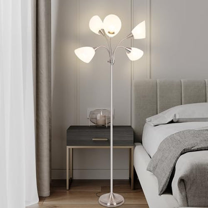 Floor Lamp, 5 Adjustable Neck Heads with Lampshades, Multi-Light Standing Reading Lamp for Living Room, Bedroom, Office - color: Satin Nickel