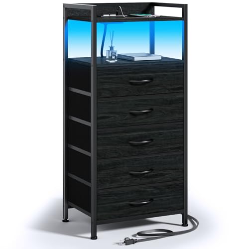 Nightstand with Charging Station,LED,5 Drawers Dresser for Bedroom | Tall Bedside Table,Dorm Night stand with LED Light & Remote Control, Metal Frame and Fabric Bins,Wood Desk Top,Easy Assemble - color: Black Oak, style: 5 Drawer