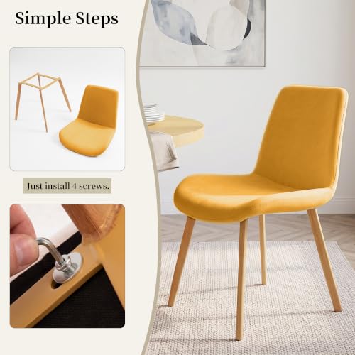 HIPIHOM Dining Chairs Set of 2, Mid-Century Modern Fabric Kitchen Chairs | Curved Backrest for Comfort, High-Density Sponge Padded Seat, Heat and Stain Resistant Surface, Sturdy Wood-Grain Metal Legs - color: Yellow Chairs Set of 2
