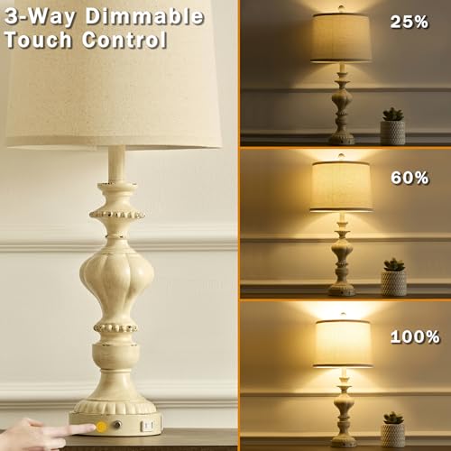 SAIWEYA 27.5" Farmhouse Table Lamps Set of 2, 3 Way Dimmable Touch Lamps | Touch Control, Dimmable, USB C+A Ports & AC Outlet, Bulbs Included, Bedside Nightstand Lamp for Living Room, Bedroom - color: Beige