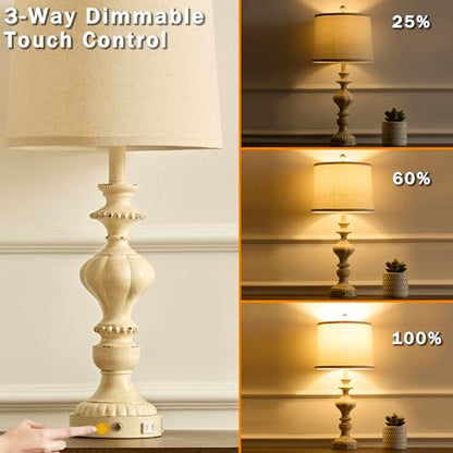 SAIWEYA 27.5" Farmhouse Table Lamps Set of 2, 3 Way Dimmable Touch Lamps | Touch Control, Dimmable, USB C+A Ports & AC Outlet, Bulbs Included, Bedside Nightstand Lamp for Living Room, Bedroom - color: Beige