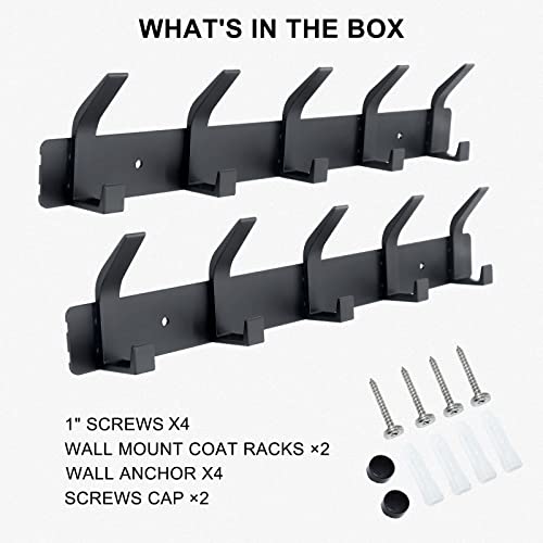 Coat Rack Wall Mounted,5 Coat Hooks for Hanging Coats,Heavy Duty Metal Double Hook Rack Hook Rail,Coat Rack with Hooks,Wall Mount Coat Hanger for Hat Towel Purse Robes ,Black,2Pack (Black2, 5 Hooks) - color: Black2