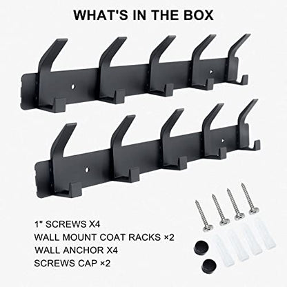 Coat Rack Wall Mounted,5 Coat Hooks for Hanging Coats,Heavy Duty Metal Double Hook Rack Hook Rail,Coat Rack with Hooks,Wall Mount Coat Hanger for Hat Towel Purse Robes ,Black,2Pack (Black2, 5 Hooks) - color: Black2