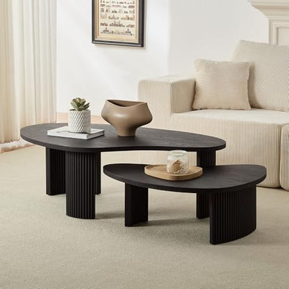 Modern Nesting Coffee Tables Set, 2-Piece Irregular Circle Wood Center Tables Unique End Side Table for Living Room Office, Fluted Legs Easy Assembly - Black - color: 49.41"&28.35-black