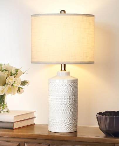 JUNNAI 24.5" White Ceramic Table Lamp 3-Way Dimmable Nightstand with White Linen Shade Bedside Lamp for Bedrooms & Living Room Office Reading(Bulb Included) - color: White