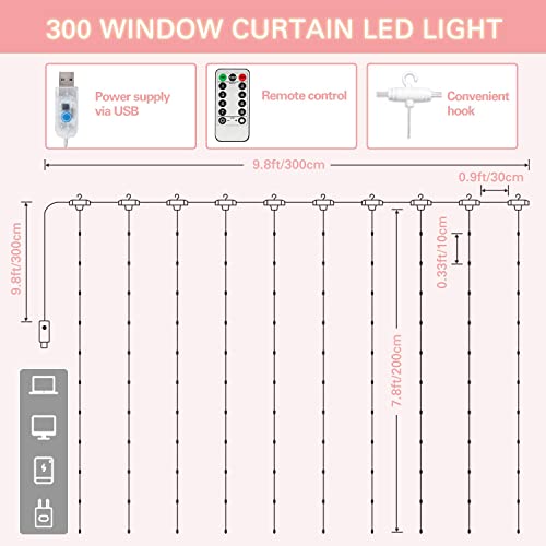 SUNNEST LED Curtain Lights Christmas, 300 LEDs 9.8FT x 9.8FT USB Curtain String Light with 8 Lighting Modes Wall Lights with Remote Control, Twinkle Light for Bedroom Decoration (Red)