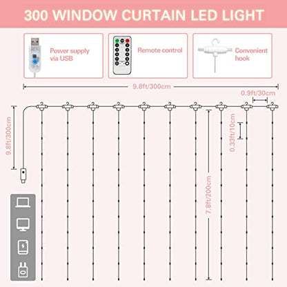 SUNNEST LED Curtain Lights Christmas, 300 LEDs 9.8FT x 9.8FT USB Curtain String Light with 8 Lighting Modes Wall Lights with Remote Control, Twinkle Light for Bedroom Decoration (Red)