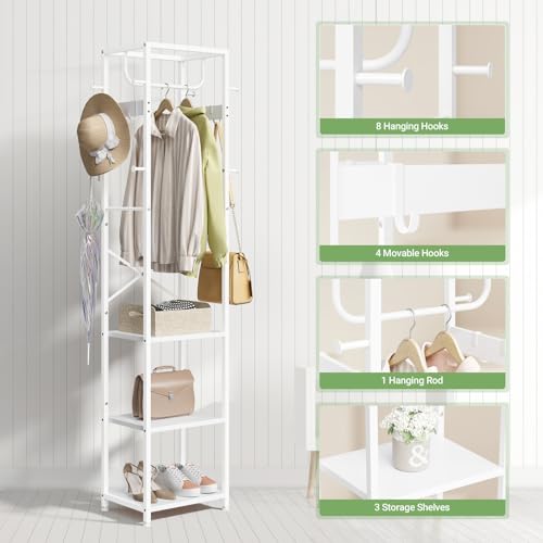 ELYKEN Coat Rack Freestanding, Hall Tree with 3 Shelves and 12 Hooks, White | Industrial Metal Frame, Space-Saving Design, Clothes Rack Stand Organizer for Bedroom, Hallway, Entryway, Office, Living Room - color: White