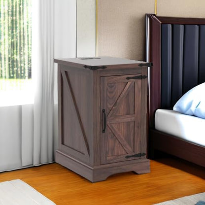 Farmhouse 17" Nightstand with Charging Station, Black | Rectangular/ Rustic End Table with Barn Door /Adjustable Shelf/ Wood Sofa Side Table/ for Living Room, Bedroom - color: Brown Color