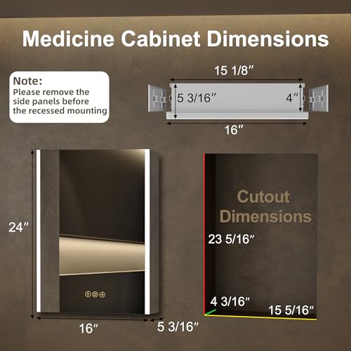 16 x 24 Inch Medicine Cabinet with Mirror and LED Light for Bathroom | Recessed, Wall-Mounted, Dimmable, Anti-Fog, Memory Function, 3 Color Mode, Outlet&USB, Adjustable Shelf, ETL Listed, Aluminum - size: 16x24 Left Hinge