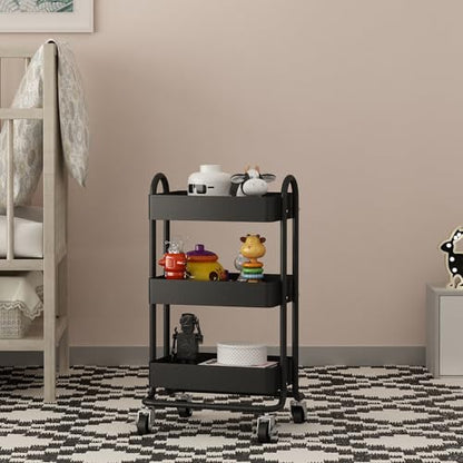 Metal Rolling Cart,3-Tier Metal Rolling Cart with Wheels,3 Tier Utility Cart with Wheels for Office,Home,Kitchen,Garden（13.4"x18.1"x31"） Black - color: Black, size: 31"H