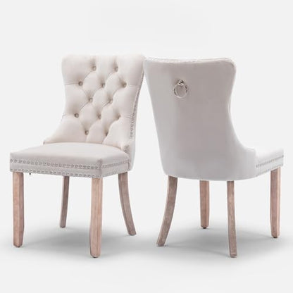 Velvet Upholstered Dining Chairs Set of 2, Modern Style Kitchen Side Chairs with Nailhead Trim and Wood Legs,Metal Pulling Ring for Dining Room Living Room(Beige,Set of 2) - color: Beige, size: Set of 2