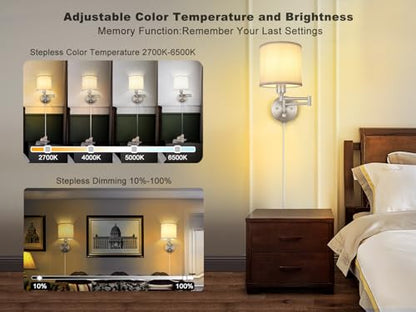 Plug in Wall Sconces with Remote Control, Dimming & Adjustable Colors 2700K-6500K, Hardwire or Plug-in, Swing Arm Wall Lamp with White Fabric Shade, Wall Sconces Set of Two, Brushed Nickel Finish - color: Brushed Nickel & White