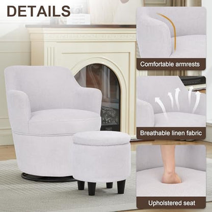 LOULENS Swivel Accent Chair with Storage Ottoman, Light Grey | Linen, Small, Barrel, Reading Chair, Vanity Chair, Comfy Single Sofa, Armchair, for Living Room, Bedroom - color: Light Grey