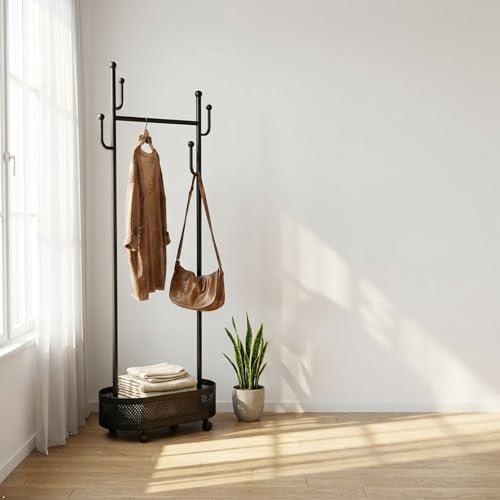 Black Wheeled Cactus Metal Coat Rack Freestanding Garment Organizer | Double Sided, Modern Style, Powder Coated, for Entryway and Bedroom, 24x14x66.93 Inches - color: Black