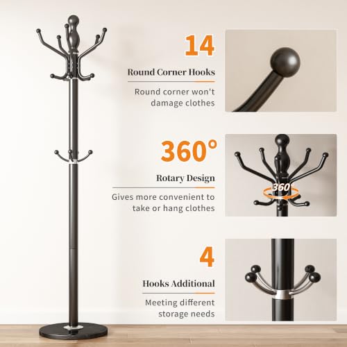 Metal Coat Rack Stand Coat Rack Freestanding with 360° Rotary,Black | Modern Coat Rack with 360° Rotary Design Sturdy Heavy Duty Hall Tree Hats Hanger Holder Stand 14 Hooks for Hallway Office - color: Black with Rotatable Hooks
