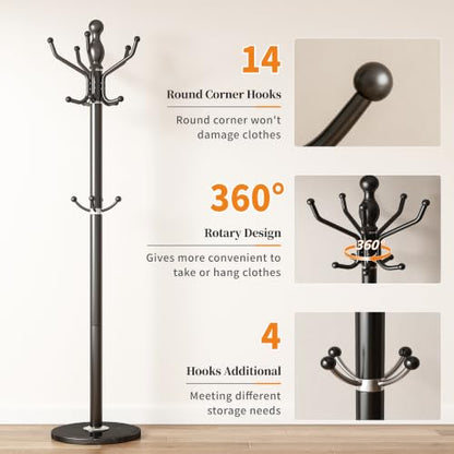 Metal Coat Rack Stand Coat Rack Freestanding with 360° Rotary,Black | Modern Coat Rack with 360° Rotary Design Sturdy Heavy Duty Hall Tree Hats Hanger Holder Stand 14 Hooks for Hallway Office - color: Black with Rotatable Hooks
