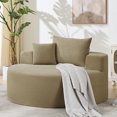 55in Round Chaise Longue Chair Indoor Modern Oversize Upholstered Deep Seat Circle Single Cloud Lounge Floor Sofa Bed with Pillow for Living Room Bedroom Apartment (Brown) - color: Brown