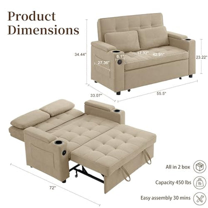 Korser 55.5'' 3-in-1 Convertible Sofa Bed, Pull Out Couch with 5-Position Adjustable Backrest, Loveseat Sleeper Sofa for Small Spaces, Sofa Couch with Cup Holders for Living Room, Office, Chenille - color: Khaki