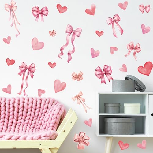 Pink Bow and Heart Wall Decals - 9 Sheets 123 Pcs Bow Knot Wall Stickers Watercolor Bow Heart Peel and Stick Wall Stickers for Girls Room Nursery Bedroom Valentine's Day Décor - color: Bow Heart