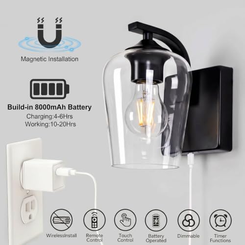 Battery Operated Wall Sconce, Rechargeable Magnetic Wall Lamp with Remote Control, Dimmable LED Bulb & Clear Glass Shade, Wireless Light for Bedroom Bathroom Hallway Farmhouse Decor - size: 1PCS