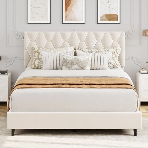 GAOMON Beige Full Bed Frame with Upholstered Headboard, Heavy-Duty Platform Bed Frame with Strong Wood Slats, No Box Spring Needed/Noise Free/Easy Assembly - color: Beige, size: Full