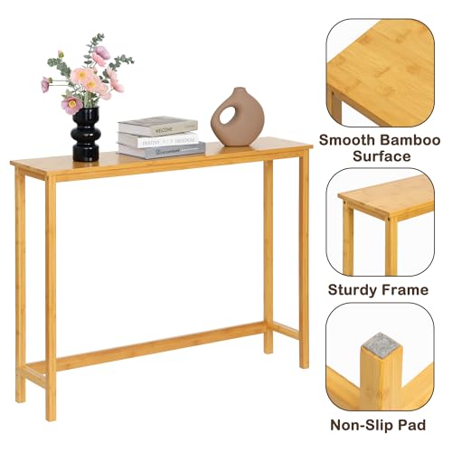 Bamboo Narrow Console Table, 39.4"(L) Wood Small Entryway Table, Accent Slim Hallway Tables, Thin Sofa Side Tables for Hallway, Living Room, Bedroom, Foyer, Burlywood - color: Burlywood