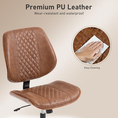Modern Walnut Home Office Chair, Executive Desk Chair No Arms Brown | with Wheels, Adjustable Height, Comfy PU, Deeper Cushion, Mid Back, 360 Swivel Computer Chair - color: Brown