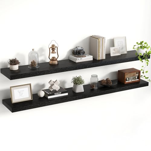 Acovy 55 Inch Floating Shelves, 8 Inch Deep Floating Shelves for Wall, Hanging Shelf with Invisible Brackets, Deep Shelves for Bathroom, Bedroom, Living Room, Black, Set of 2 - color: Black, size: 8"Wx55"L-2pcs