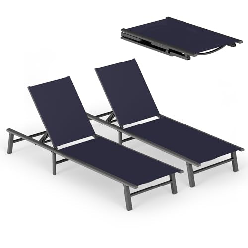 Foldable Outdoor Lounge Chair Set of 2, No Assembly Aluminum Chaise Lounge Outdoor with 5 Adjustable Positions, Pool Lounge Chairs with Portable Design for Pool, Deck, Beach, Patio (Navy Blue) - color: Navy Blue-upgraded, size: 2 Packs